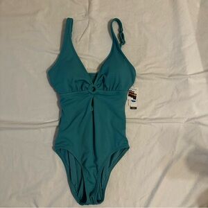 Time & Tru Women’s NWT One Piece Swimsuit Size L 12-14 Green Adjustable Straps